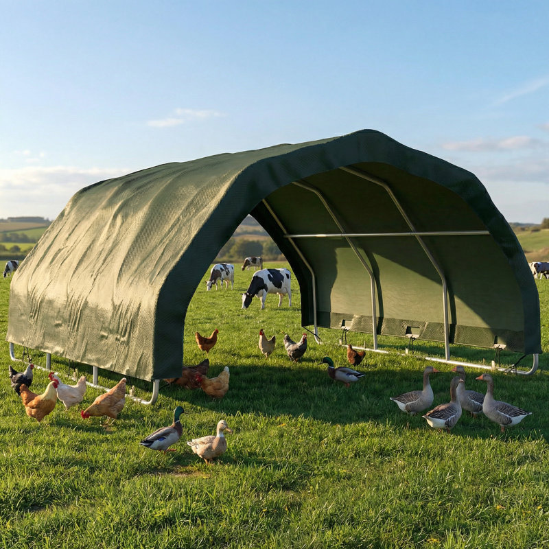 12' X 12' Livestock Shelter With Waterproof Cover UV Resistant Steel Frame For Horses Goats, Green