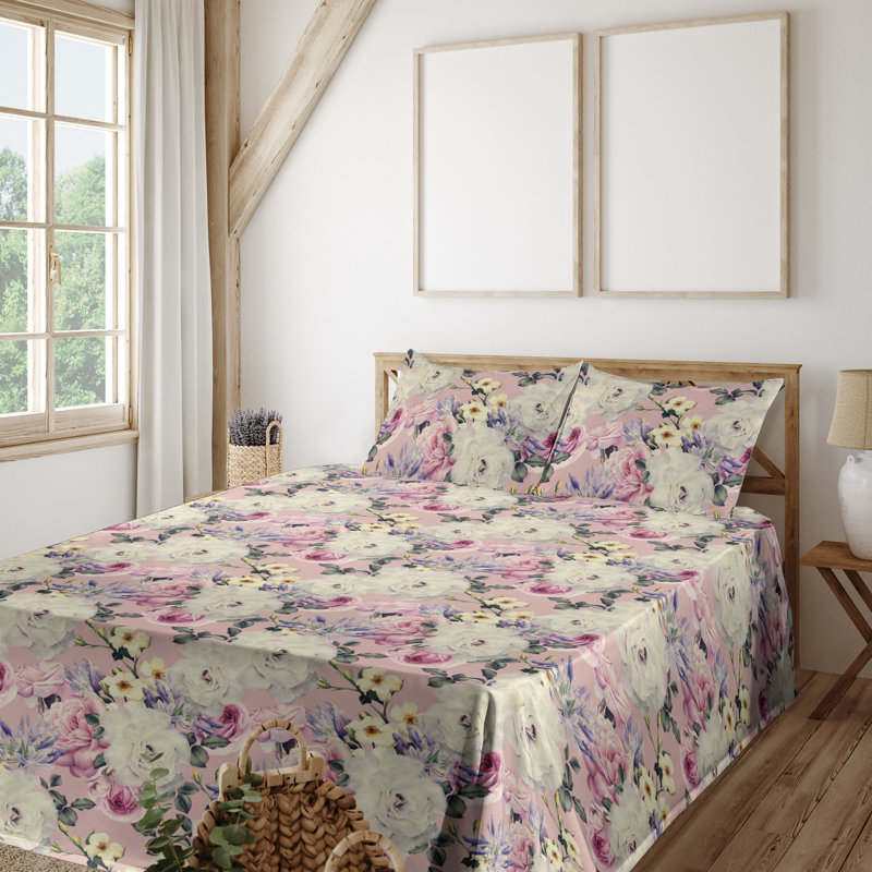 Ambesonne Watercolor Botany Sheet Set 4 Pcs Retro Boho Bloom, Ivory Pastel Pink Floral