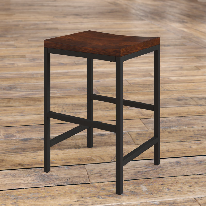 Tabouret de comptoir moderne noir de 24 pouces avec siège en bois de manguier durable et structure en fer thermolaqué