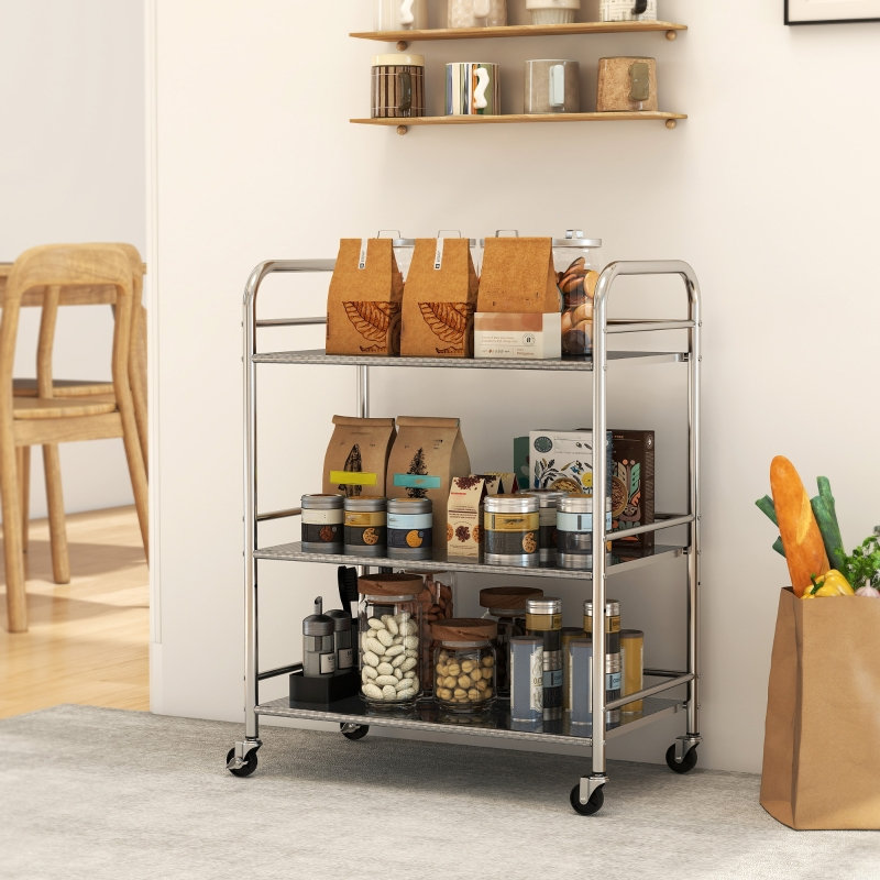3 Tier Kitchen Storage Trolley with Adjustable Shelf 60*35*77 cm Stainless Steel 1 Piece Utility Trolley Silver Adjustable Shelves