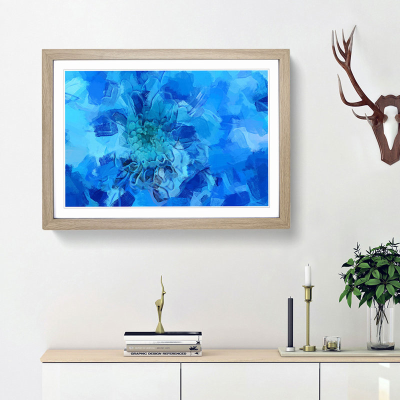 Blue Dahlia Flower in Abstract - Picture Frame Graphic Art Print, Oak Framed, 27cm H x 36cm W x 2cm D