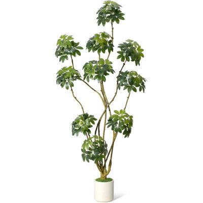 Grand arbre parapluie artificiel avec 7 troncs, 630 feuilles veinées et pot de fleurs en PE blanc lesté, plateau en fausse mousse, tiges flexibles pour un ajustement facile de la forme, plante de plancher décorative pour le salon
