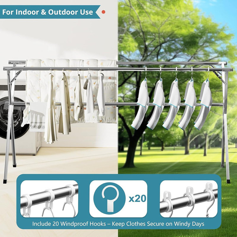 Clothes Drying Rack, Stainless Steel Finish, Heavy-Duty Foldable Laundry Rack With 20 Windproof Hooks, Large Portable Garment & Clothes Rack, Indoor & Outdoor Use, Modern Functional Style