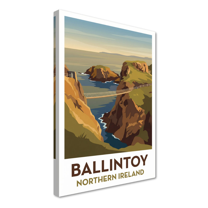 Ballintoy, Northern Ireland - Romantic Coastal Travel Poster Of Cliffs, Cove And Rope Bridge. Giclee Print On Wrapped Canvas. Wall Art, Home Decor - Cities & Towns, Northern Ireland - Wrapped Canvas Print