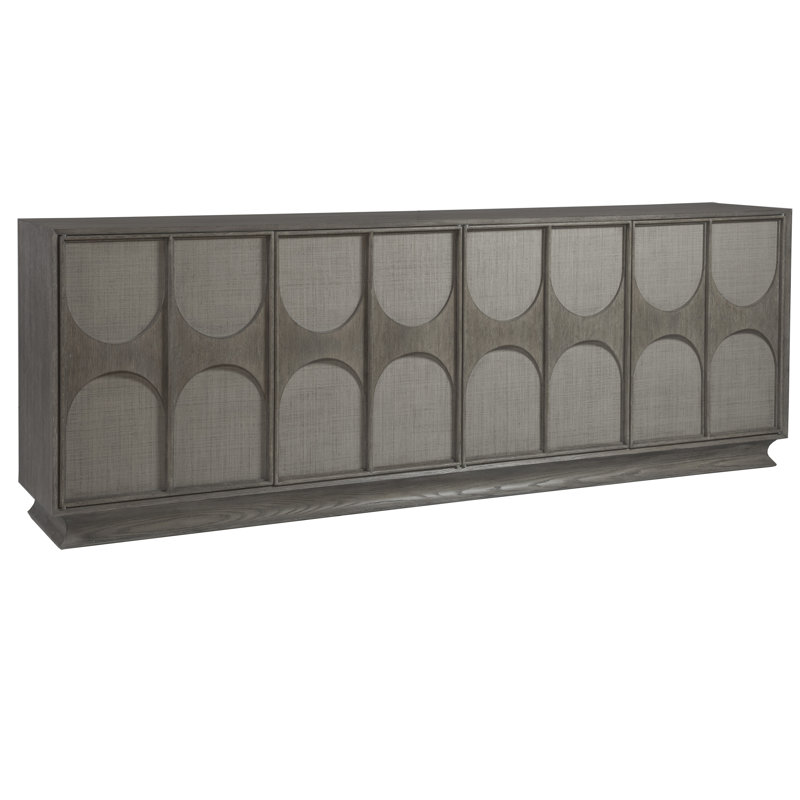 Mid-Century Modern Grey Oak Long Media Console with Raffia Accents