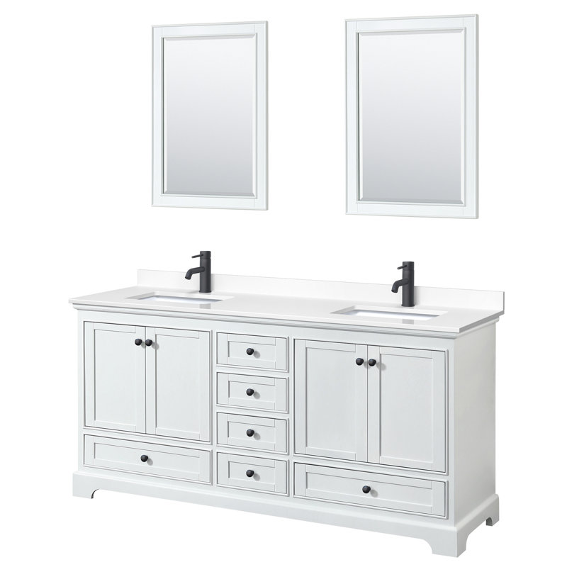Ensemble de meuble-lavabo double 72 "avec miroir Deborah, Marbre de culture blanc, Blanc, Chrome poli