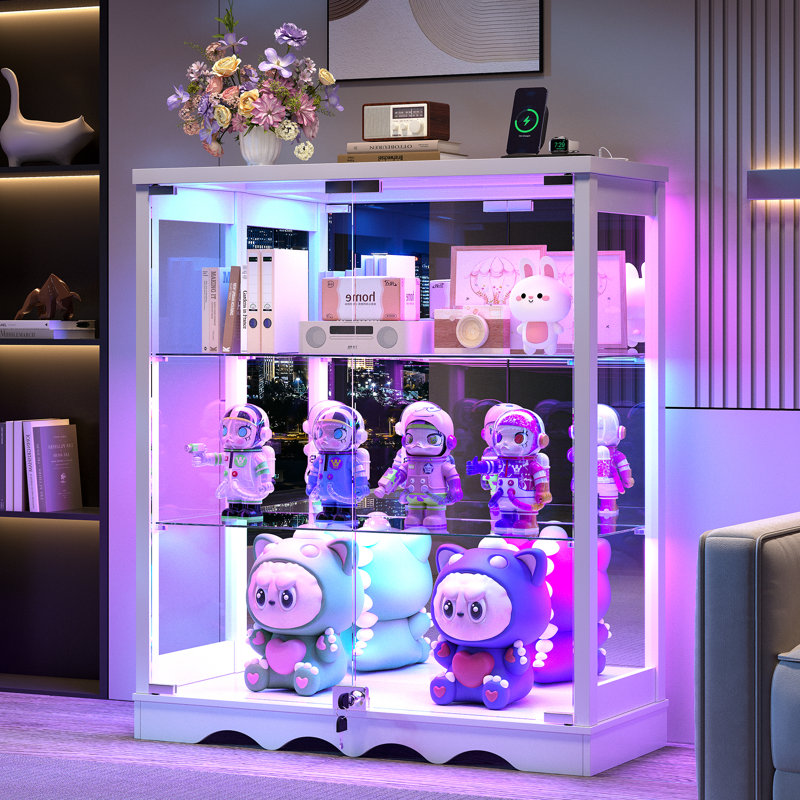 3-Tier Display Cabinet with Human Body Sensor RGB Lights, White
