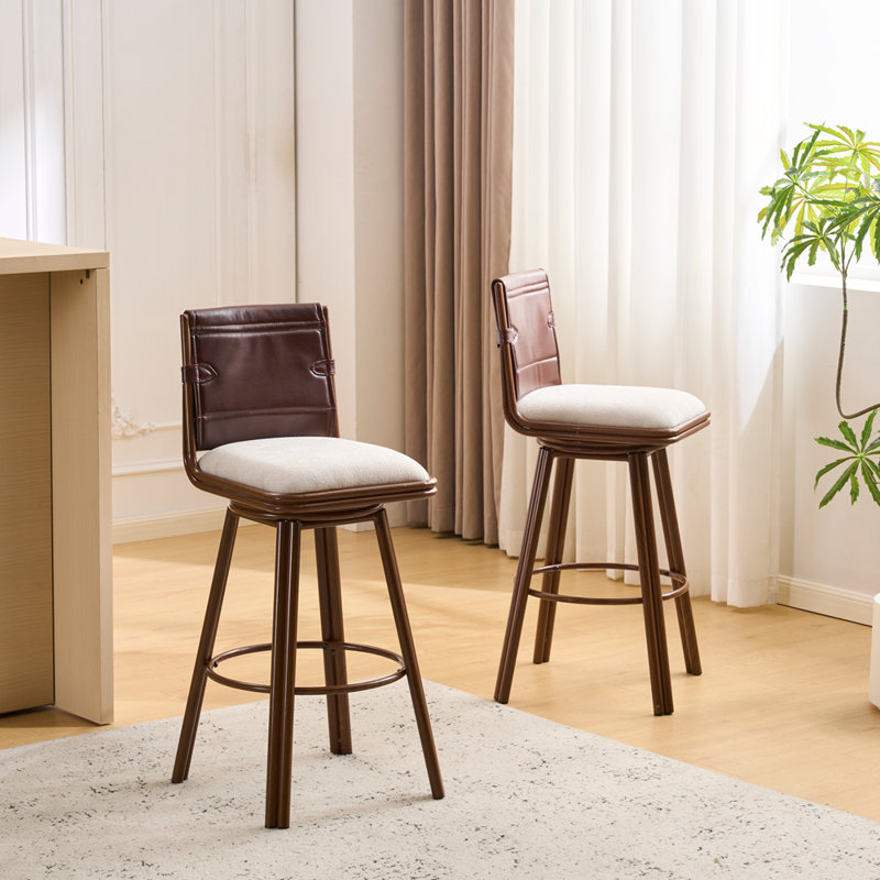 Sibyl Indoor Upholstered Swivel Bar Stool with Metal Frame, Walnut Finish and Beige Upholstery, Set of 2
