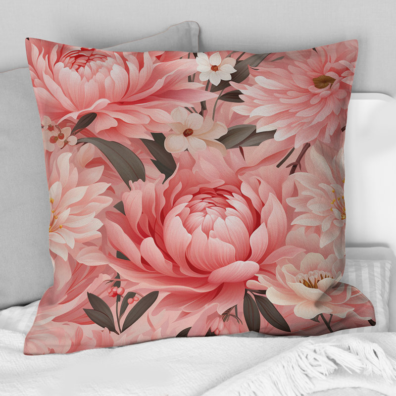 Coussin décoratif imprimé floral rose pivoine délicatesse I, H 18 po x l 18 po