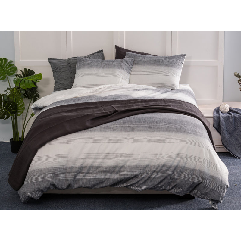  Ensemble de housse de couette 100% coton délavé à rayures teintes, Housse de couette très grand + 2 taies décoratives