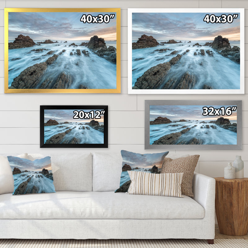 Dawn On Beaches Of Asturias - Print on Canvas, 16" H x 32" W, Black Closed Corner Frame Canvas