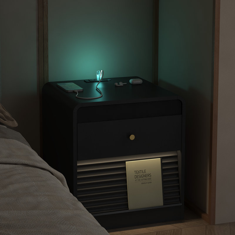 Smart Nightstand With Voice-Controlled 7-Color Night Light, Integrated Charging Station And Storage Cabinet For Bedroom