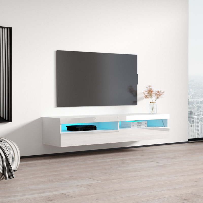 Fly 63" Modern Floating Wall Mounted TV Stand with LED Lighting, High Gloss Finish, White