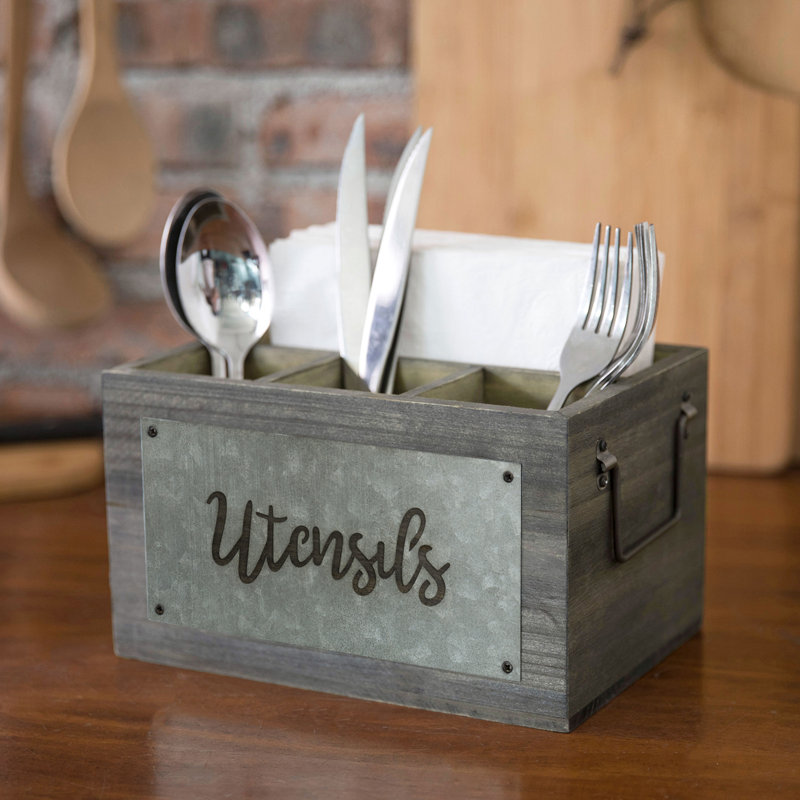 Wood and Metal Rectangle Flatware Caddy