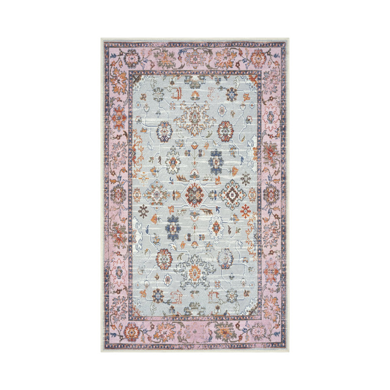 GLN Rugs Traditional Collection - Machine Washable Area Rug, Traditional Washable Rug, Non Slip Washable Rug, Low Pile Chenille Living Room Rug, Bedroom Rug, Kitchen Rug (Pink and Gray Rug)