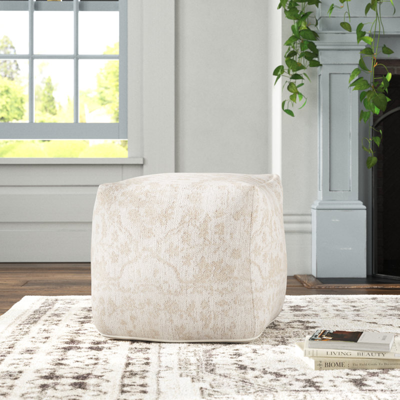 Kason Upholstered Pouf, Cream Cotton Blend