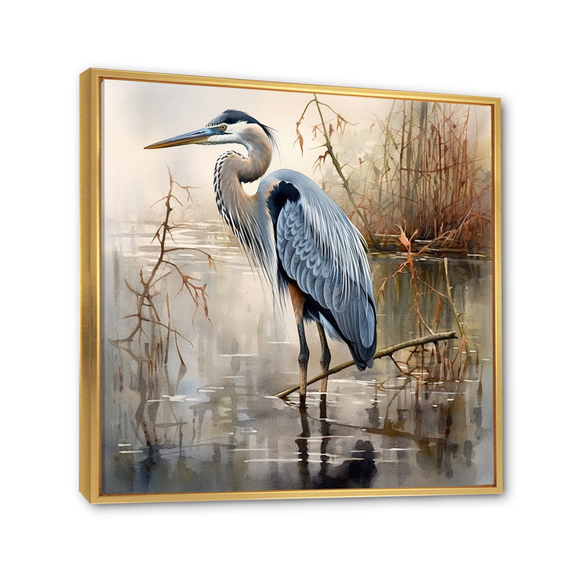 «Graceful Heron Waterbird IV - Heron», art mural, H 24 po x l 24 po, Reproduction avec cadre flottant, Doré