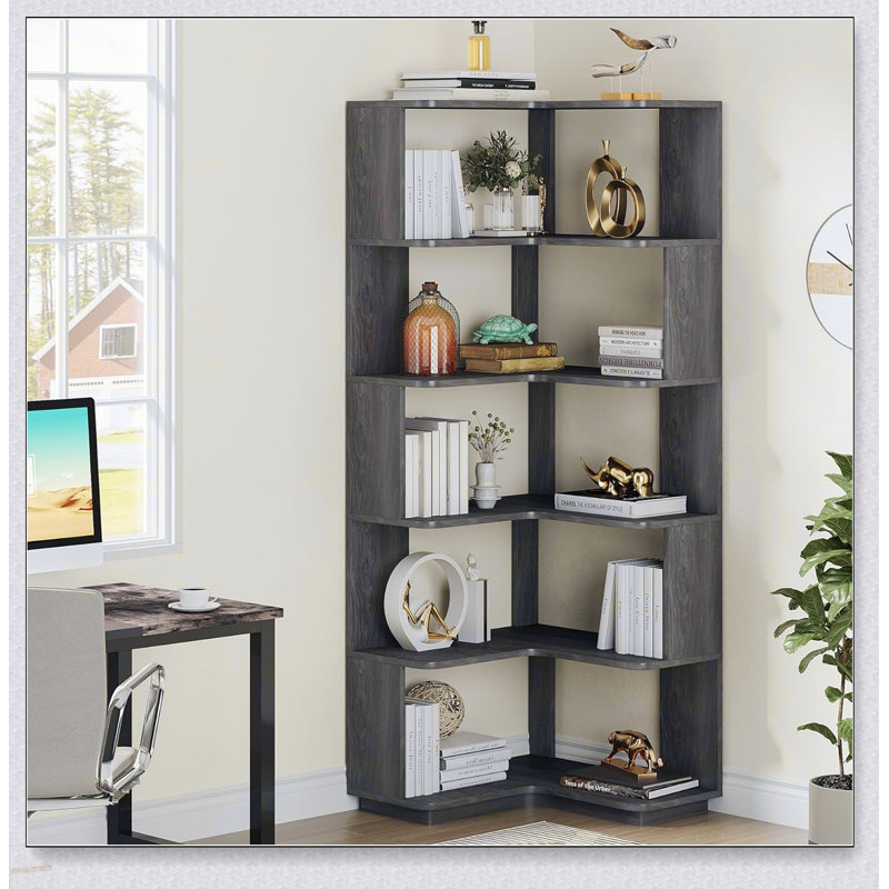 Bibliothèque de coin en L à 6 niveaux avec panneaux anti-chute et tablette autoportante en grain pour l'organisation de la maison et du bureau