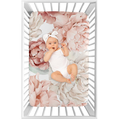 Large Peony Floral Garden Pink and Ivory Fitted Mini Crib Sheet by Sweet Jojo Designs