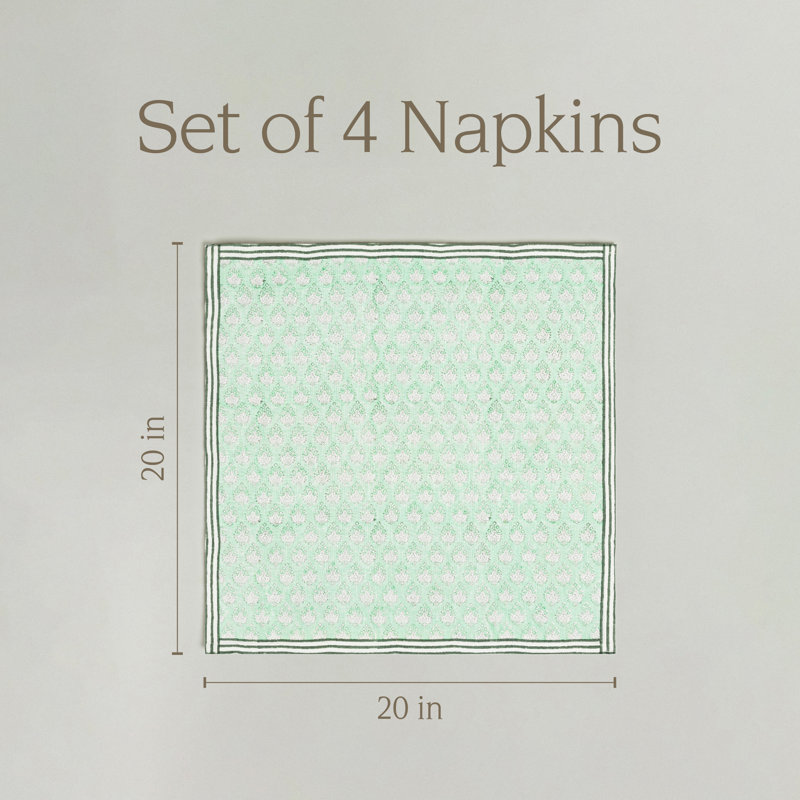 de 4 serviettes de table bloquées à la main et au-dessus, ensemble de 4, Feuille verte