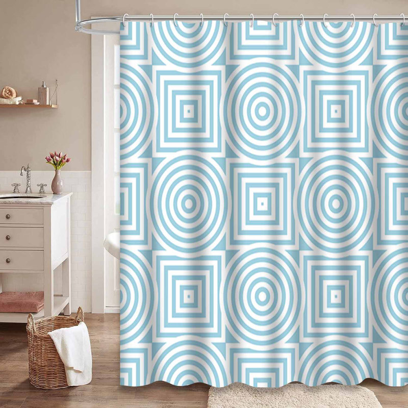 Rideau de douche bleu avec motif géométrique bleu et blanc à 12 crochets, L 72 po x l 84 po