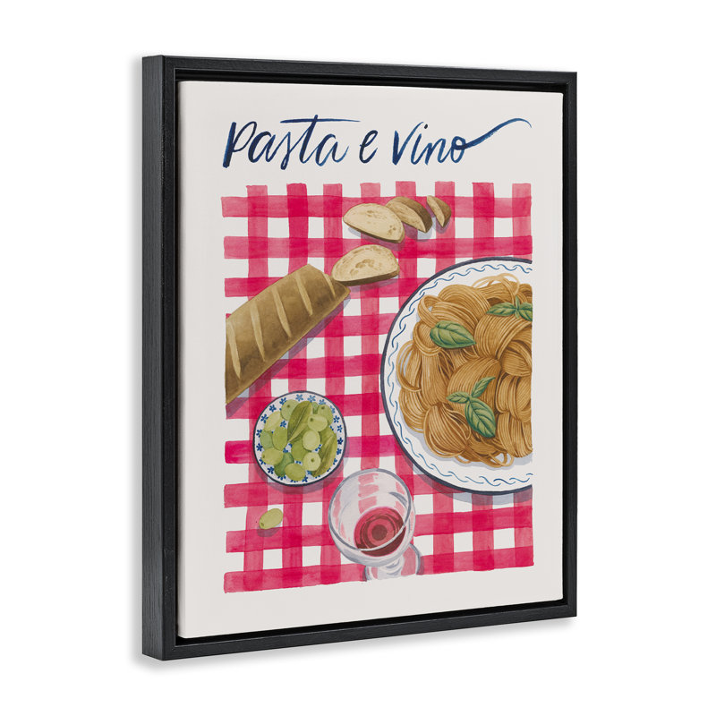  "Pasta & Wine on Tartan", art mural sur toile flottante par Grace Popp, H 31 po x l 25 po, Cadre flottant noir de jais