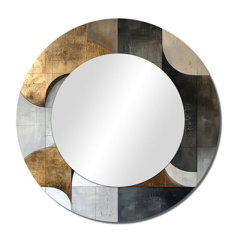 Geometric Gold Blue And Grey Pure Form I - Waves Decorative Mirror Wall Art - Printed On Metal, 36" x 36"