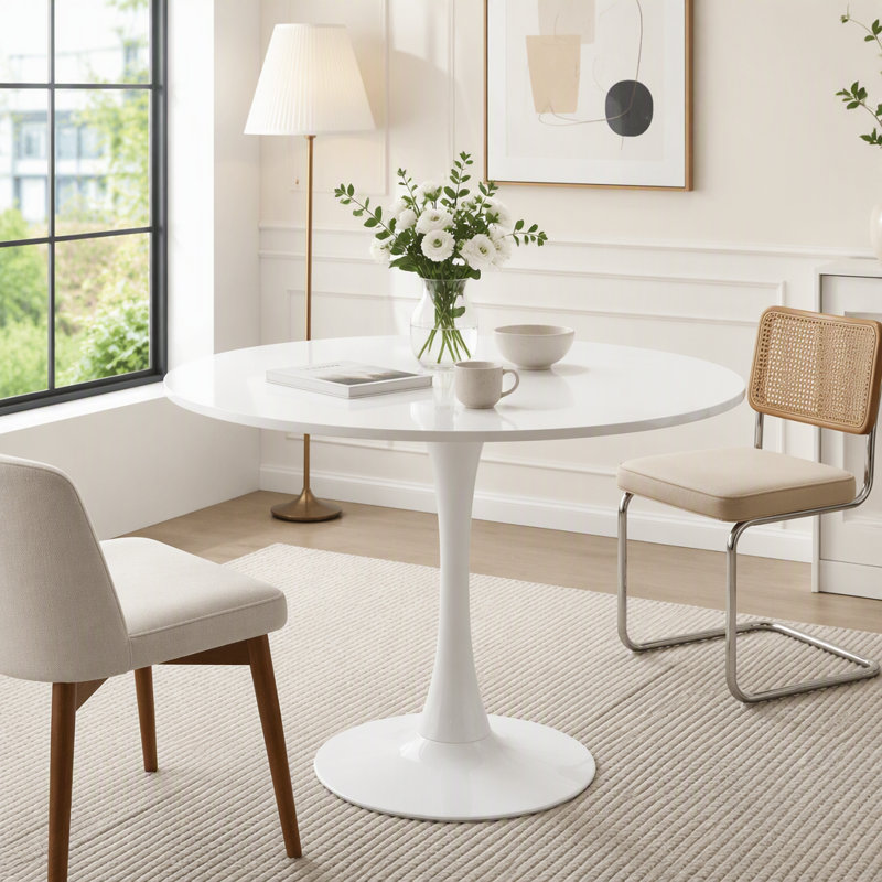 Table de salle à manger ronde avec plateau en panneau de fibres à densité moyenne, H 28,74 po x l 31,5 po, Blanc
