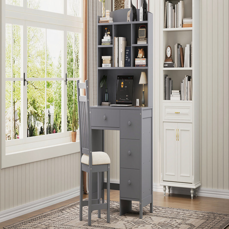 Vintage 40'' Home Executive Desk And Upholstered Chair Set With Bookshelf, Computer Desk With Four Drawers, Gray
