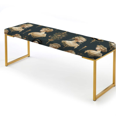 Beige Victorian Cameo Portraits - Floral Upholstered Gold Bench