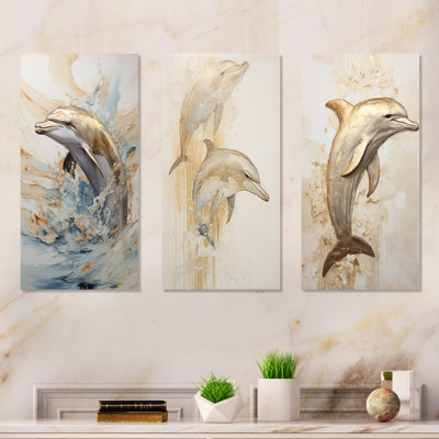 Ensemble de 4 impressions sur toile de dauphins beiges et dorés