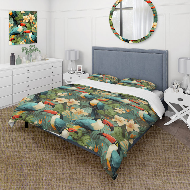 Ensemble de housse de couette Tropical Toucan, Housse de couette pour grand lit et 2 taies décor