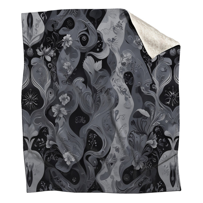 Black White Floral Pattern Blankets, 50in W x 60in H