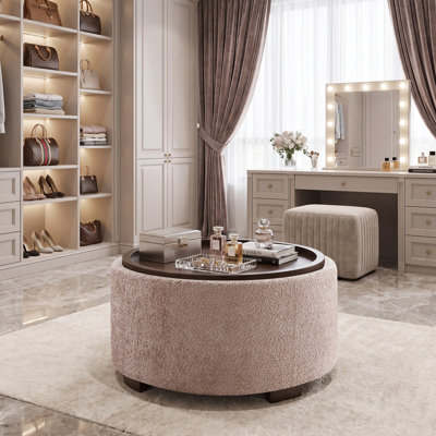 Caysey 30.1" W Upholstered Round Storage Ottoman with Wooden Tray