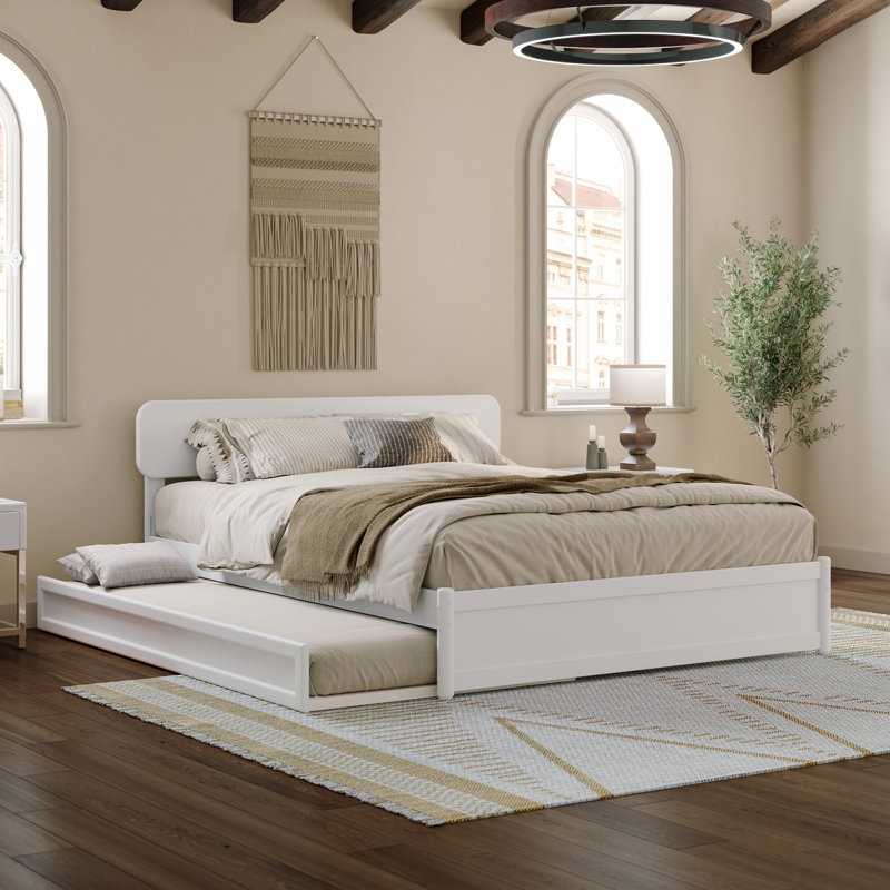 Lit plateforme en bois massif avec lit gigogne assorti Ause, Blanc, Grand
