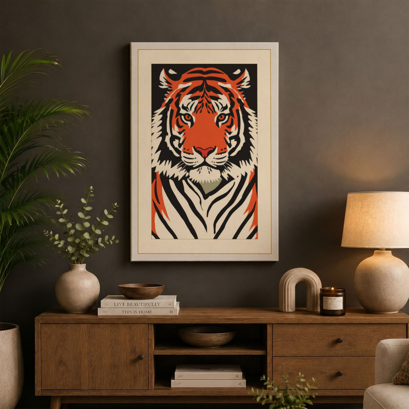 Tiger Face Forward Graphic Art - Wrapped Canvas, 36x24 - 91.4 x 61.0 cm, Cream Border