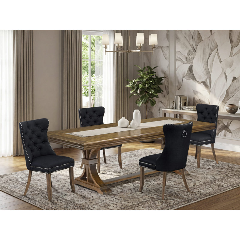 Ensemble de salle à manger 5 pièces moderne comprenant une table de cuisine rectangulaire et 4 chaises de salle à manger en tissu de polyester noir, noyer antique