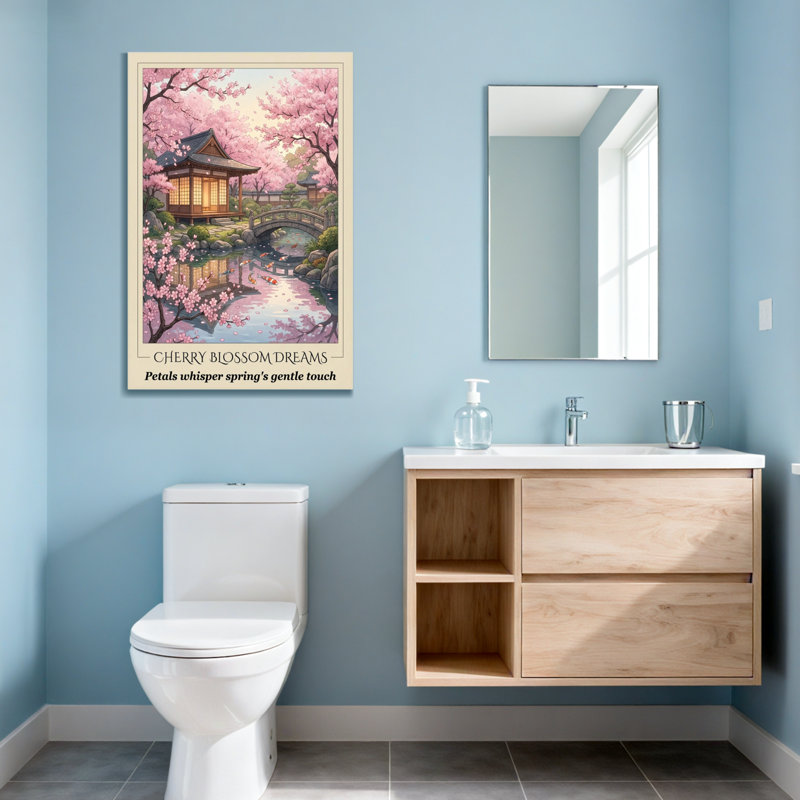 Paysage et nature Paysage de cerisiers en fleurs avec pagode et pont, H 40 po x l 28 po