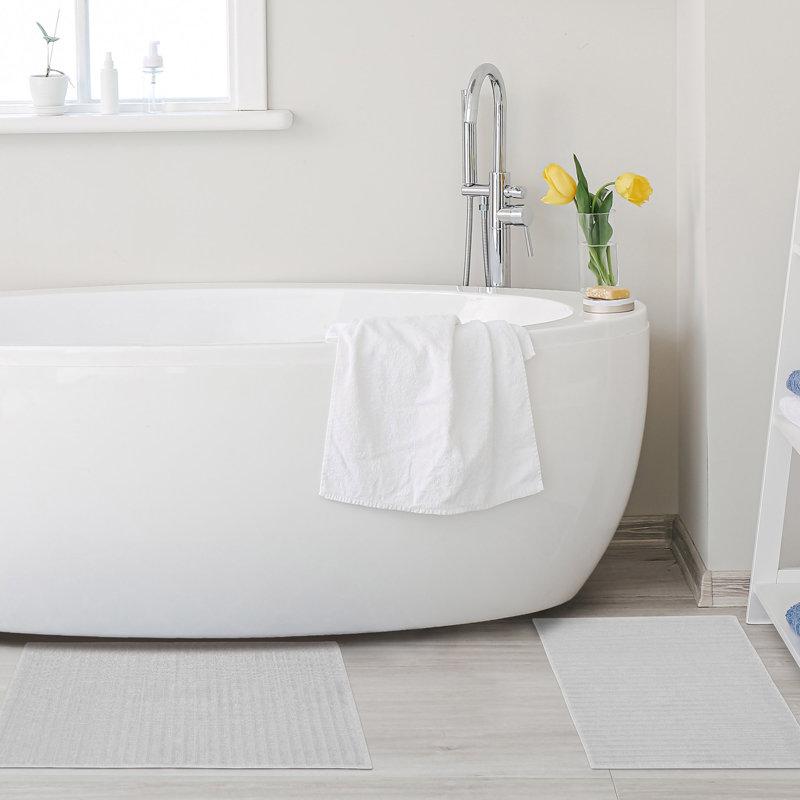 Pardue Cotton Geometric-Striped Reversible 2 Piece Bath Mat Set, Silver, Solid Color