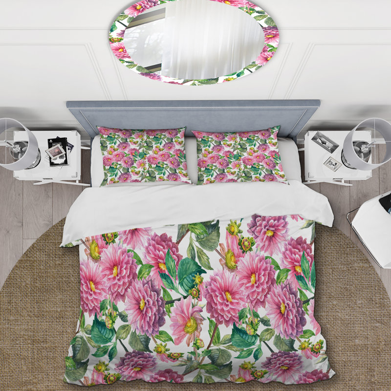 Fleurs roses et feuille verte - ensemble de housse de couette floral - microfibre de polyester