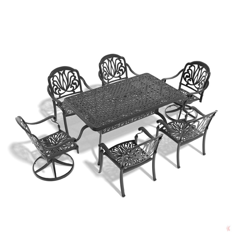 All-Weather Cast Aluminum Dining Set, Include 2 Swivel Chairs,4 Dining Chairs And Rectangular Table With Black Frame