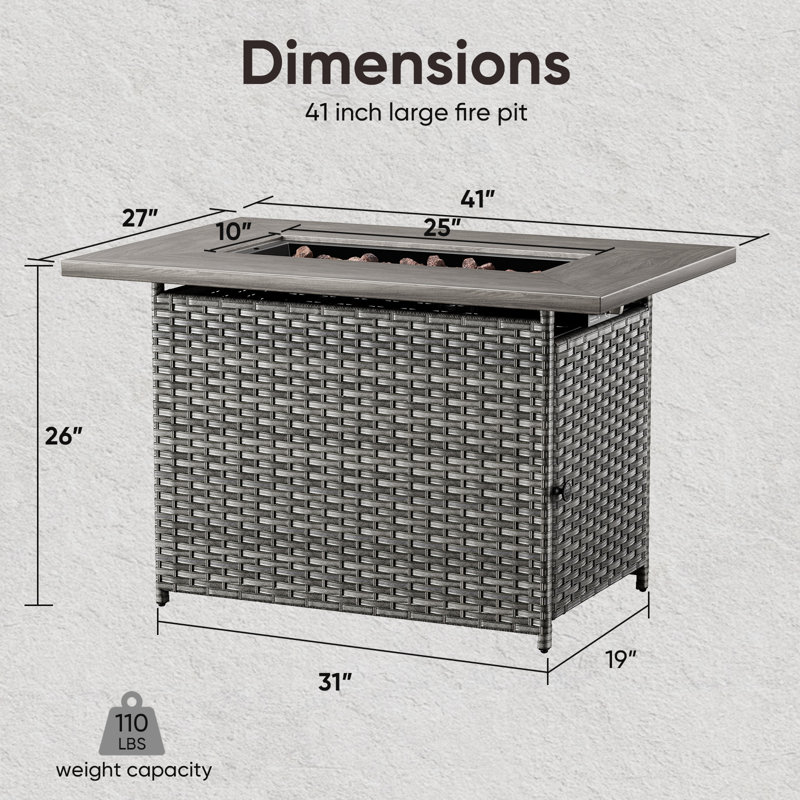 Table de foyer d'extérieur au gaz propane de 41 po - 55 000 BTU, flammes réglables, finition grain de bois et rotin PE, parfaite pour les patios et les terrasses, comprend des pierres de lave