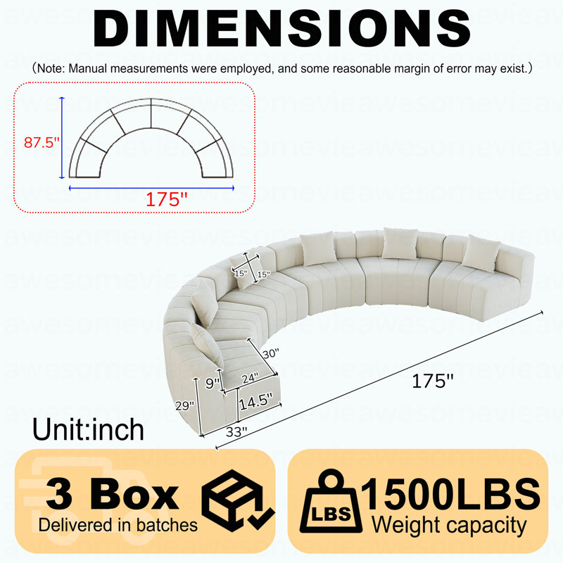 Canapé modulaire incurvé chenille avec 6 coussins Chenille, 29" H x 175" W x 33" D, Vert