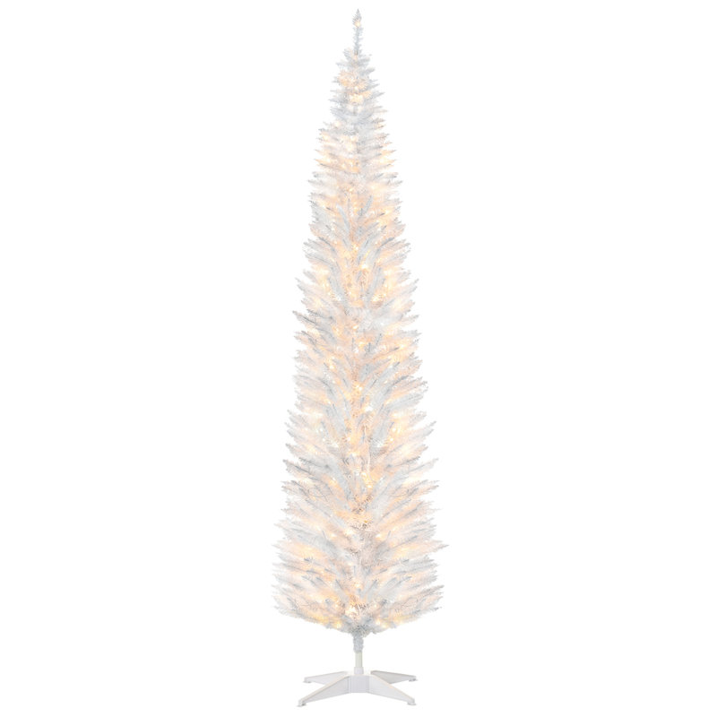 Arbre de Noël 8 pi, arbre de Noël artificiel mince avec branches réalistes et lumières DEL blanc chaud, blanc, H 8 pi, Blanc