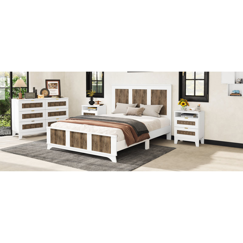Ensemble de 4 pièces pour grand lit: lit plateforme blanc, tables de chevet et commode