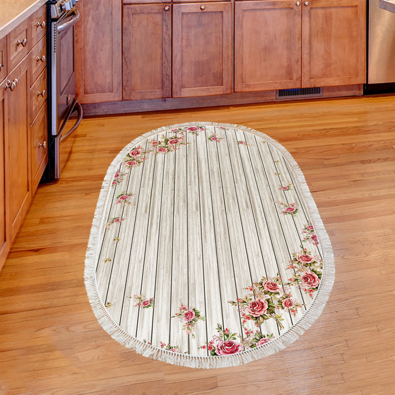 Tapis ovale en polyamide tissé à la machine en blanc, Ovale 3 pi 3 po x 5 pi 3 po