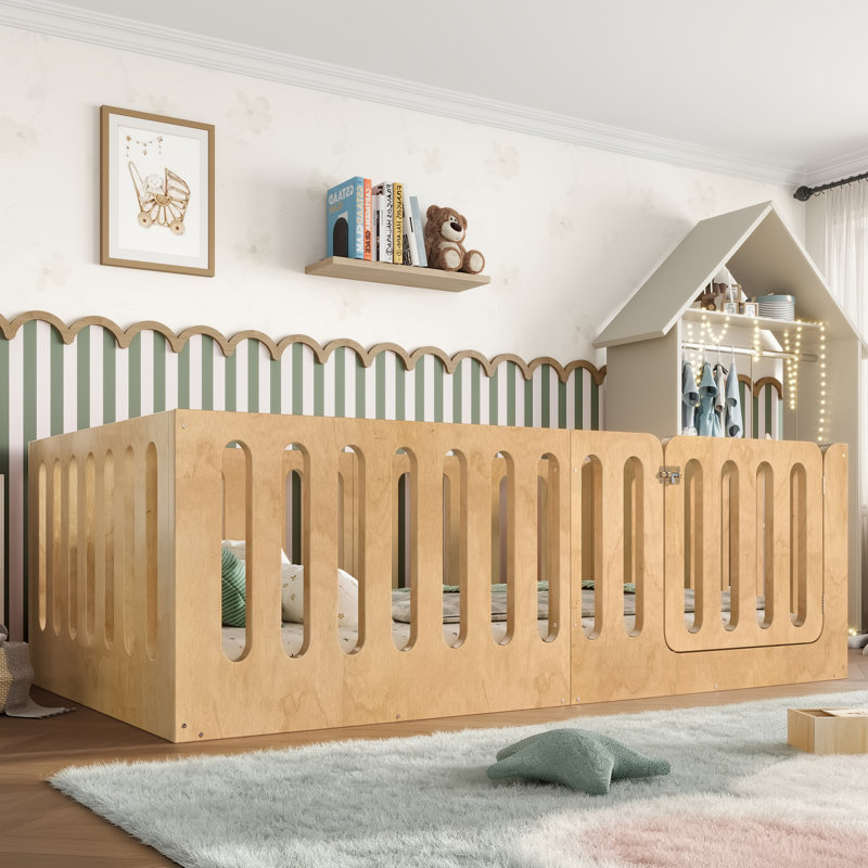 Kids Twin Montessori Floor Bed with Safety Fence and Gate, Natural, Twin