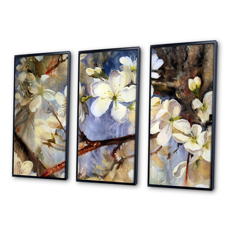 Fleurs blanches printanières - ensemble d'art mural sur toile encadré floral de 3, L 36 po x H 28 po, Cadre noir