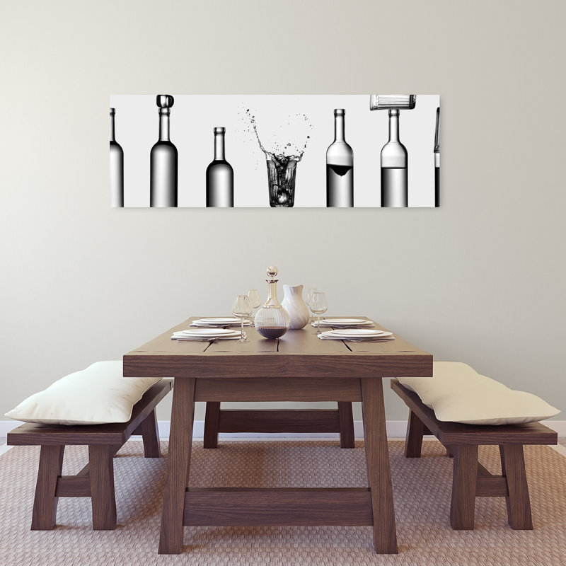 Bouteilles transparentes, liquide, éclaboussure élégante, minimaliste, art mural, H 16 po x l 48 po