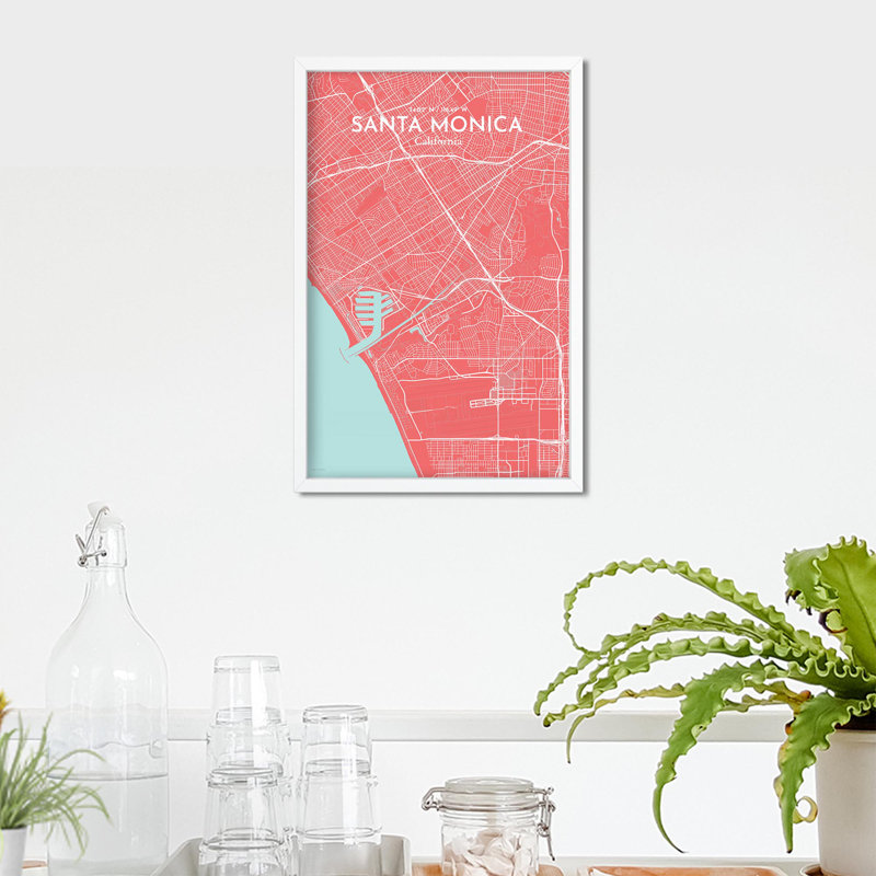 Santa Monica, carte de la ville, impression, H 17 po x l 11 po, Rose / bleu bébé